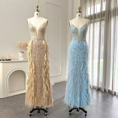 Homecoming Dresses: Feathers Mermaid Champagne Evening Dresses for Women
