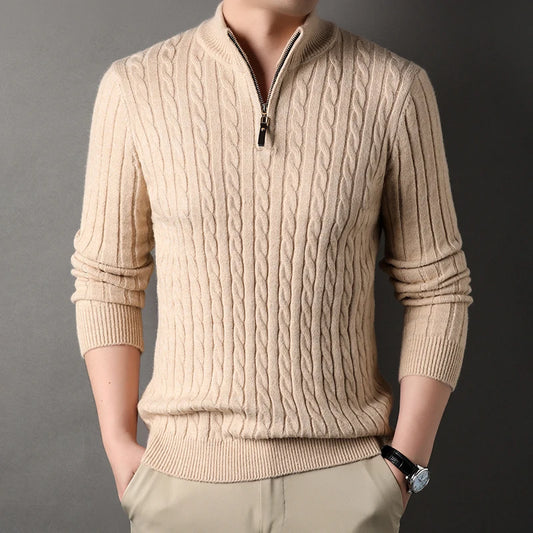 Winter Men's Quarter Zip Sweater Slim Fit Casual Knitted Turtleneck Pullover
