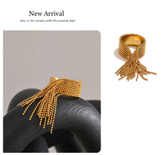 Statement Stainless Steel Chain Tassel Finger Ring Adjustable 18K PVD Plated