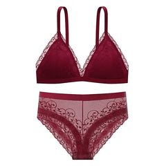 Women Lace Bra Set Deep V Bralette Low Waist Panties Seamless Underwear