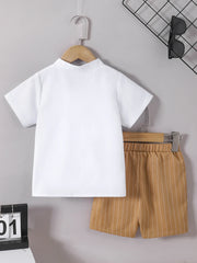 Middle East 2Pcs boys' clothing summer stand up collar button up short sleeved shirt and striped short sleeved casual versatile