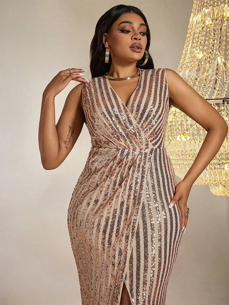 Women Plus Size Maxi Dresses Striped Sequin Dress Luxury V-neck High