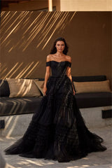 Homecoming Dresses: Off Shoulder Prom Dress Black Multilayer Ball Gown
