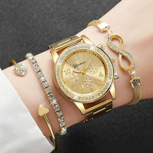 4PCS Fashion Women Watch Luxury Rhinestone Steel Band Ladies Quartz Watch Bracelet Set Relogio Feminino(Without Box)