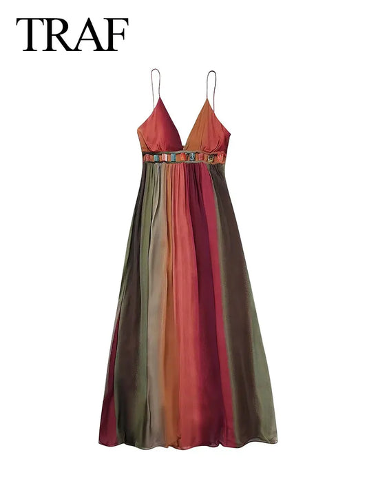 Evening Dresses: Elegant Dress Deep V Neck Spaghetti Strap Tie Dye Printed