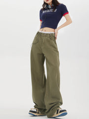 American Vintage Style High Waist Green Jeans Pants Spring Fashion Women's Baggy