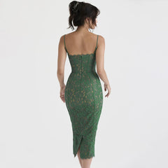 Evening wear Dresses: Occasion Dress Green Spaghetti Strap V Neck Lace Dress