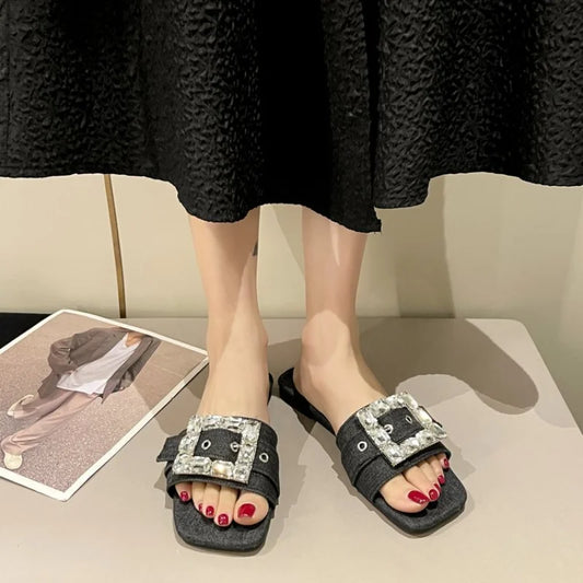 Metal Button Letter Decoration Women Slippers Summer Women Sandals