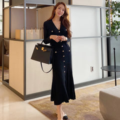 Vintage Korean Maxi Dresses for Women Party Long Sleeve V-neck Mermaid Dress
