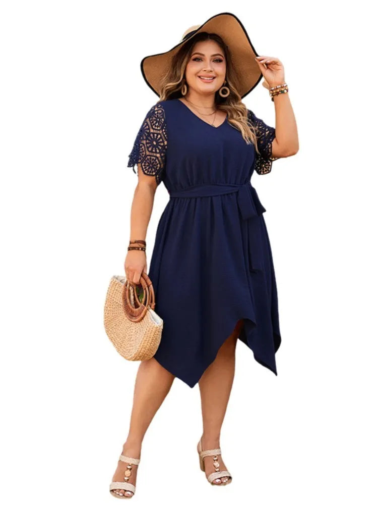 Plus Size Irregular Midi Dress Women Hollow Out Patchwork Short