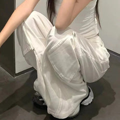 Y2K White Cargo Jeans Women Korean High Waist White Pocket Wide Leg Denim Pants