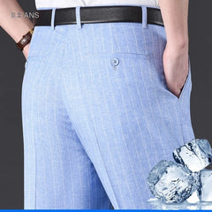 Flat Stretch Suit Pants For Men Striped Thin Summer Straight High Waist Black White Blue