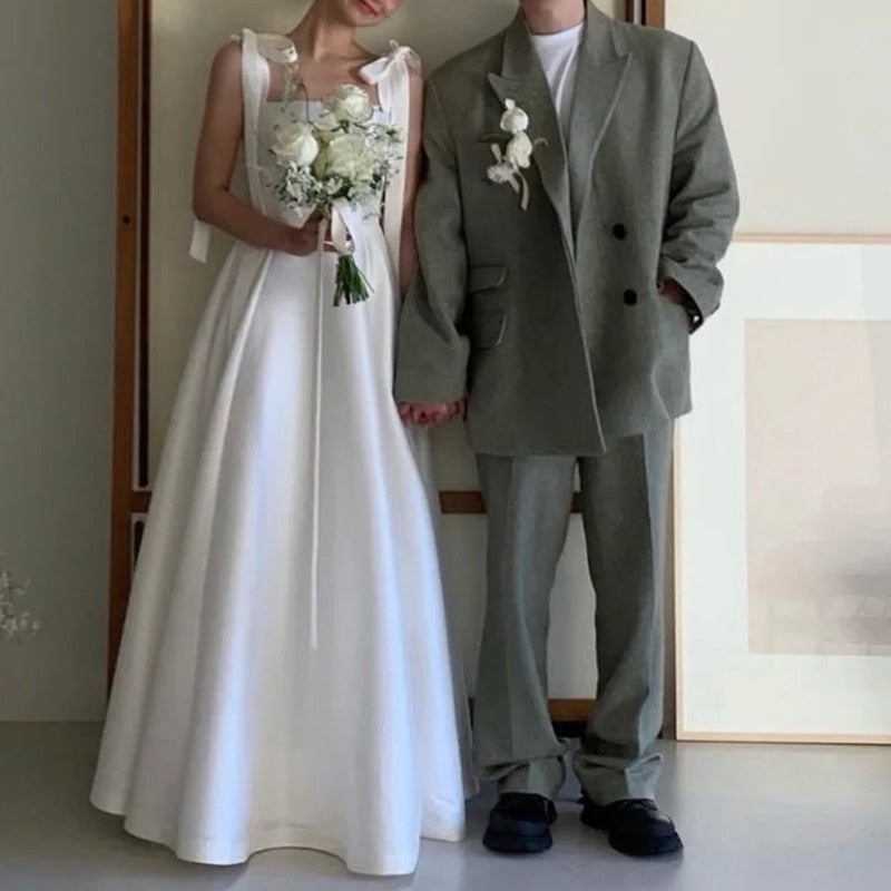White Bridesmaid Dresses: Wedding Dress Square Collar Floor-length A-line Satin