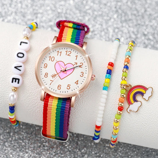 4PCS/Set Fashion Heart Dial Women's Watch Nylon Band Quartz Watch Rainbow Beads Bracelets Set
