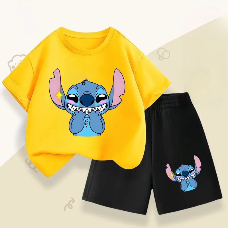 Summer Children's Casual Outfits Stitch Printed Boys Short Sleeved Top Sets Kids T Shirt Shorts Two Piece Suit Disney 2025