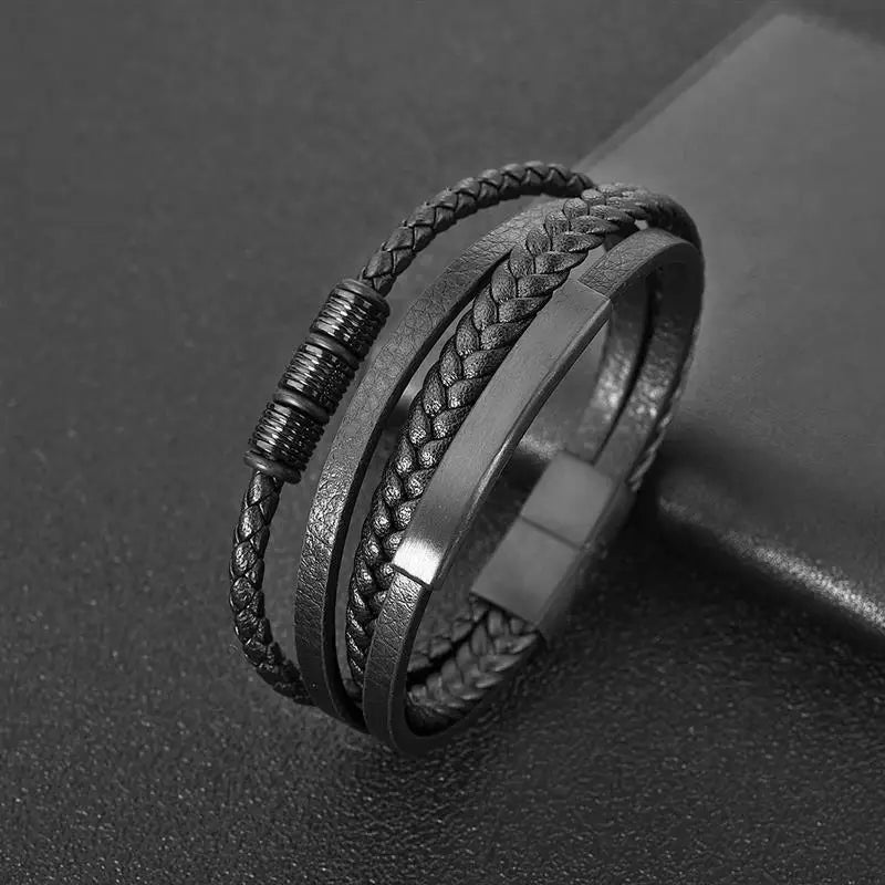Punk Men Leather Bracelet with Stainless Steel Magnetic Clasp Braided Mutilayer Leather Wrapping Bangles Man Jewelry Gift
