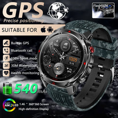Outdoor Military Smart Watch Men Built-in GPS 1.46" AMOLED Compass Altimeter BT Call 3ATM Waterproof Clock LED Sports Smartwatch