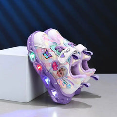 Disney LED Casual Sneakers For Spring Girls Frozen Elsa Princess Print Pu Leather Shoes