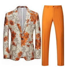 Tuxedo for Mens: Men Suit 2 Pieces Orange Flower Pattern One Button