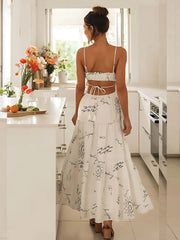 Evening Dresses: White Graffiti Print Sweet Hollow Out V Neck Tassel Sleeveless