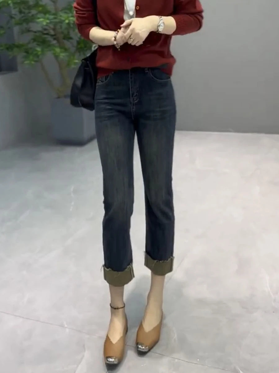 Women's Jeans Large Size Nine Straight Pants Rolled Jeans Women