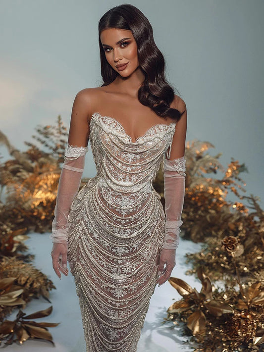 Evening Dresses: Women Luxury Pearl Chain Elegant Mermaid Maxi Long Gown