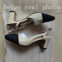 Big Size 45 Women Slingbacks Shoes High Heels Natural Genuine Leather Thick