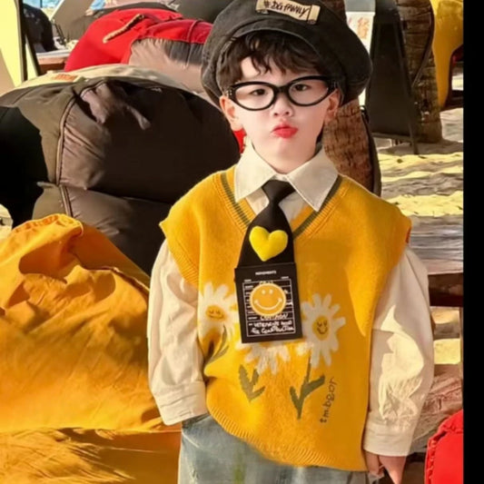 Shirt Cartoon Print Vest 3Pcs Set or With Retro Splash Ink Doodle Jeans Trendy Korean Streetwear 4pcs Outfit for Boys Gift Tie