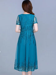 Evening Dresses: Blue Casual Chiffon Mesh Korean Long Dress Women