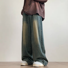 Distressed Vintage Blue Jeans Pants Men Wide-leg Denim Trousers Male