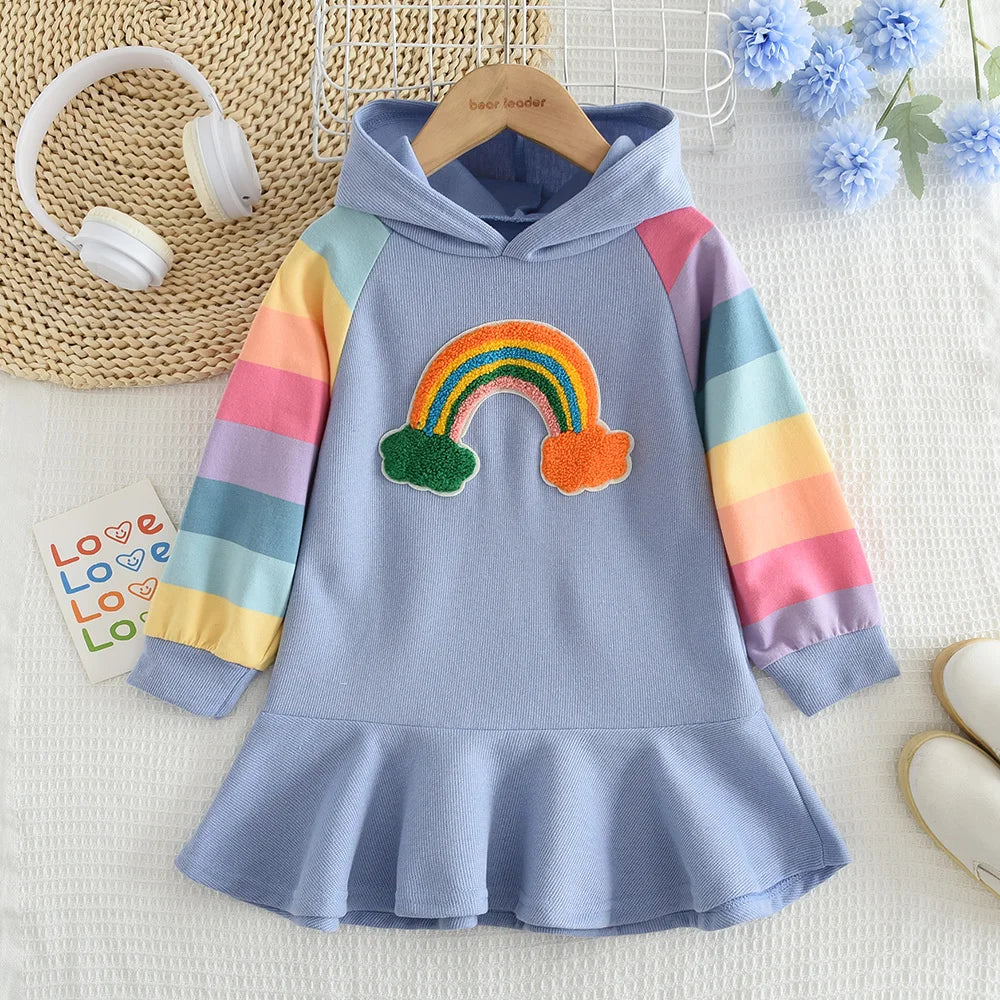 Girls Dress Autumn Long Sleeve Rainbow Striped Princess Dresses for Girl