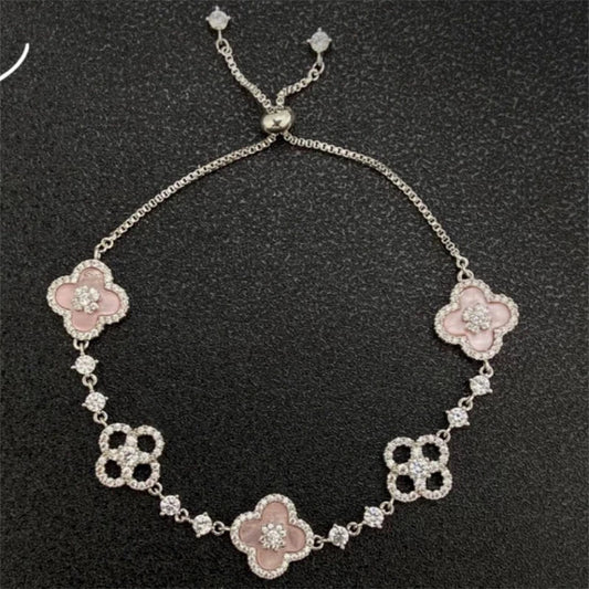 Fashion New Shell Stone Crystal Pink Flower Bracelet for Women Personalized Stainless Steel Cuff Bracelet Jewelry Accessories