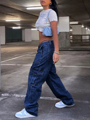 Women Baggy Cargo Jeans Lady High Waist Patchwork Pockets Wide Leg Oversized Pants