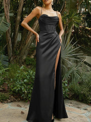 Evening Dresses: Backless Slit Suspender Formal Evening Dress Lace Up Solid High Waist
