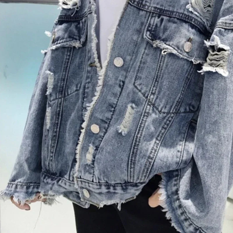 Fashion Blue Ripped Denim Jacket Y2K Distressed Streetwear Hip Hop Broken Hole Jeans