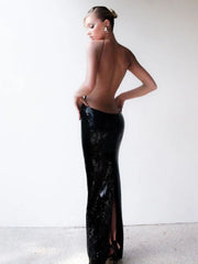 Formal attire Dresses: Women Luxury Backless Halter Black Mesh Sequins Maxi