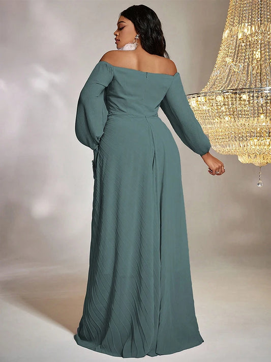 Women Plus Size Maxi Dresses Elegant Chiffon One-Line Shoulder Beaded Dress