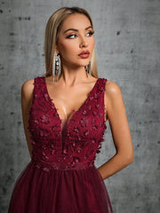 Homecoming Dresses: V-neck 3d sequin embroidered mesh slit skirt