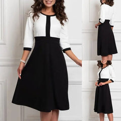 Women Elegant Patchwork Black and White Party Dress Autumn Plus Size Dresses