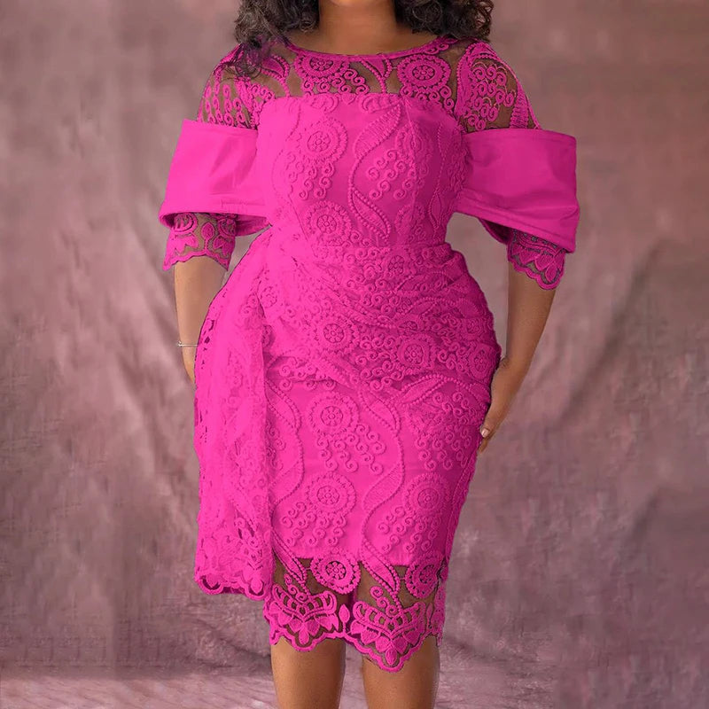 Plus Size White Daily Round Neck Lace Midi Dresses