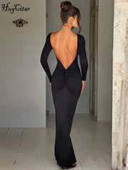 Evening wear Dresses: Backless Solid Ruched Bodycon Maxi Prom Dress