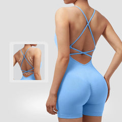 Yoga Criss Cross Backless Cami Sports Romper,Women's Jumpsuits Ribbed One Piece