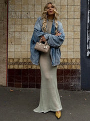 Long Sleeve Knit Beach Dress Women See Through Slim Maxi Dress