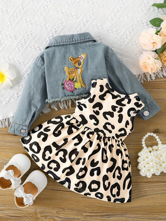 Summer Fawn Print Dress with Denim Jacket for Baby Girls