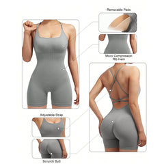 Yoga Criss Cross Backless Cami Sports Romper,Women's Jumpsuits Ribbed One Piece