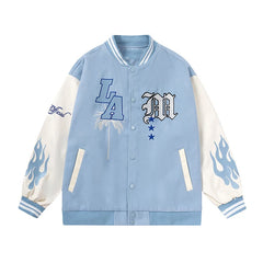 Letter Embroidery Men's Baseball Jacket Y2k Flame Leather Varsity Jacket Windbreaker