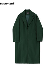 Autumn Winter Long Warm Oversized Soft Dark Green Black Woolen Coat Men