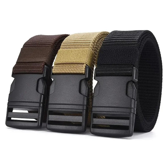 Men's Outdoor Tactical Belt - No Metal Buckle (Plastic), Nylon Canvas Woven, Heavy Duty High Quality Webbing