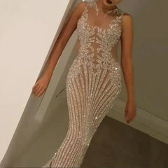 Evening Dresses: O-Neck Mermaid Floor-Length Sleeveless Sequin