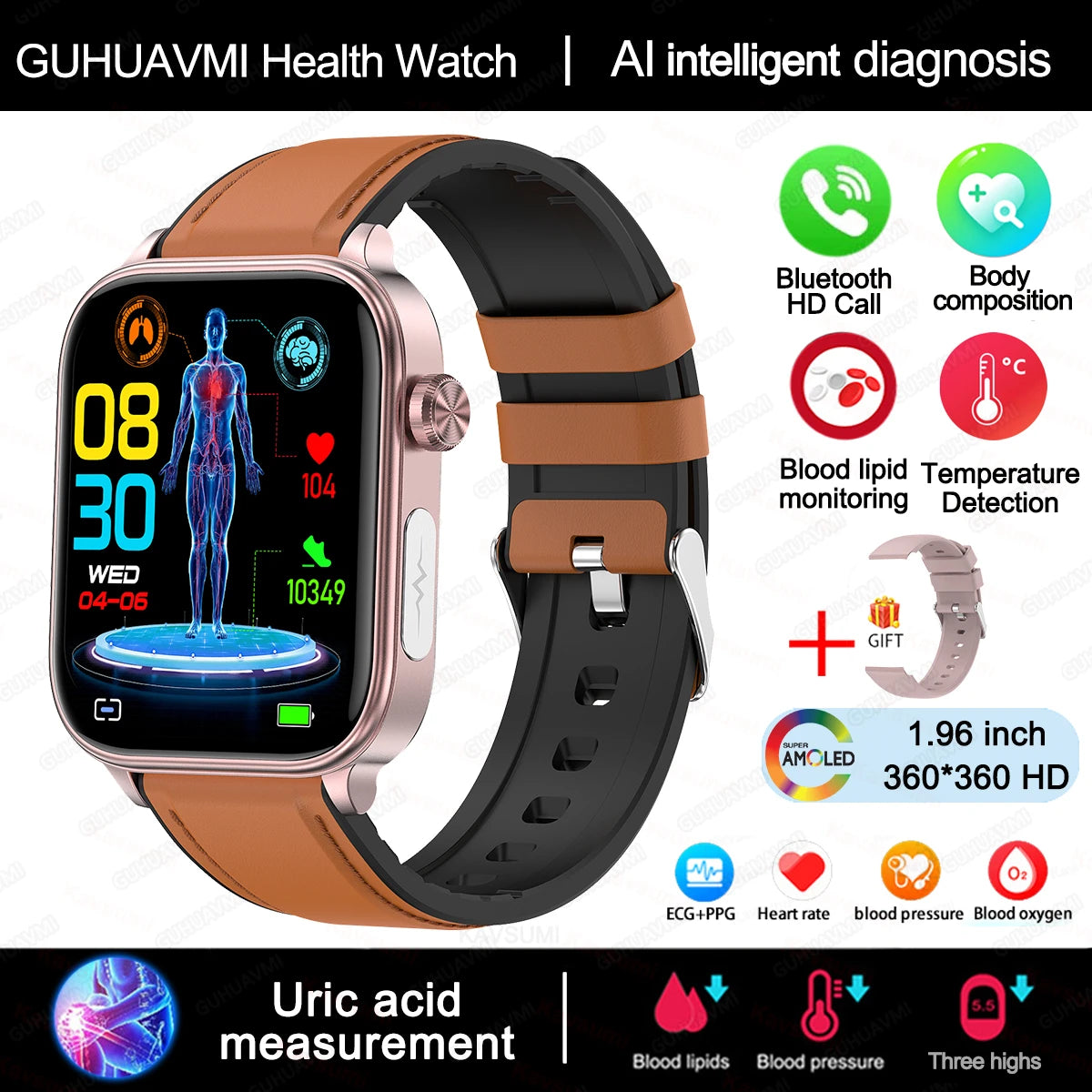 Accurate ECG+PPG Monitoring Smart Watch Women Body Composition Blood Lipid Uric Acid Women Menstrual Health Tracker Smartwatch